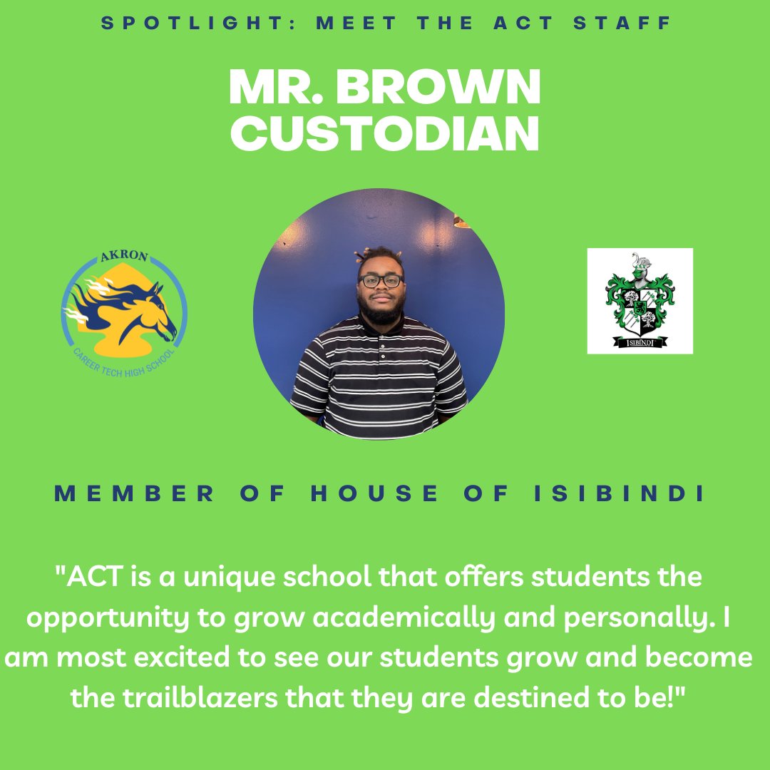 AkronCareerTech's tweet photo. The last of our staff spotlights is shining on Mr. Brown, our custodian! Another Akron Career Tech veteran, Mr. Brown is pleased with where A.C.T. is today and even more excited about what it can grow into in the future!

#ACT #Akron #akroncareertech #greenhouse #isibindi https://t.co/ww4oiHxdWY