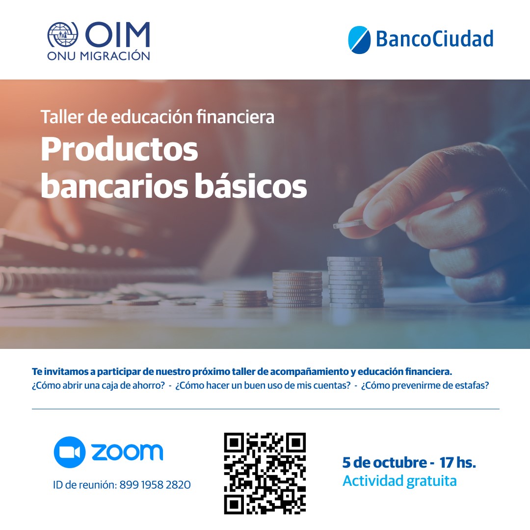 💱Taller de educación financiera

Si sos migrante, junto al 
<a href="/BancoCiudad/">Banco Ciudad</a>
 te ofrecemos orientación sobre:

✅ Opciones gratuitas de bancarización
✅ Usos y alcances de las cuentas bancarias
✅ Prevención de estafas

🗓️ Jueves 5/10
⏰17 hs.

💻 ¡Datos de conexión en el flyer!