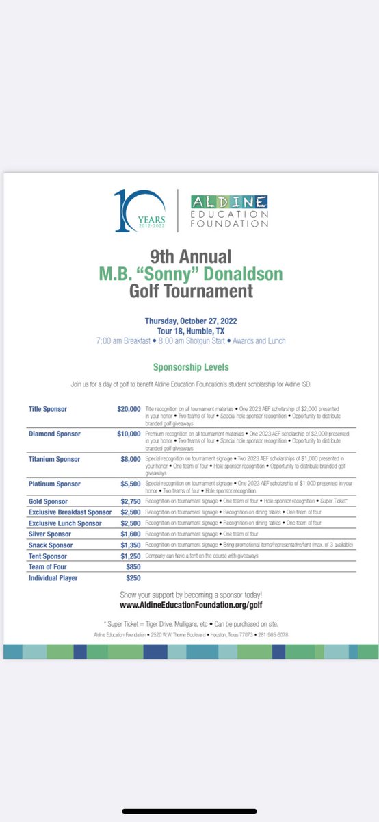MarcellaPE (@coachpalomarez) on Twitter photo I wanted to help Spread the Word for the <a href="/AldineEdFnd/">Aldine Education Foundation</a> and hope many of you can partner up with them and make this event a huge Success!
I believe the last Golf tourney was before Covid but it’s back and I plan on playing!
Let’s raise scholarships for young leaders!
@ I wanted to help Spread the Word for the <a href="/AldineEdFnd/">Aldine Education Foundation</a> and hope many of you can partner up with them and make this event a huge Success!
I believe the last Golf tourney was before Covid but it’s back and I plan on playing!
Let’s raise scholarships for young leaders!
@