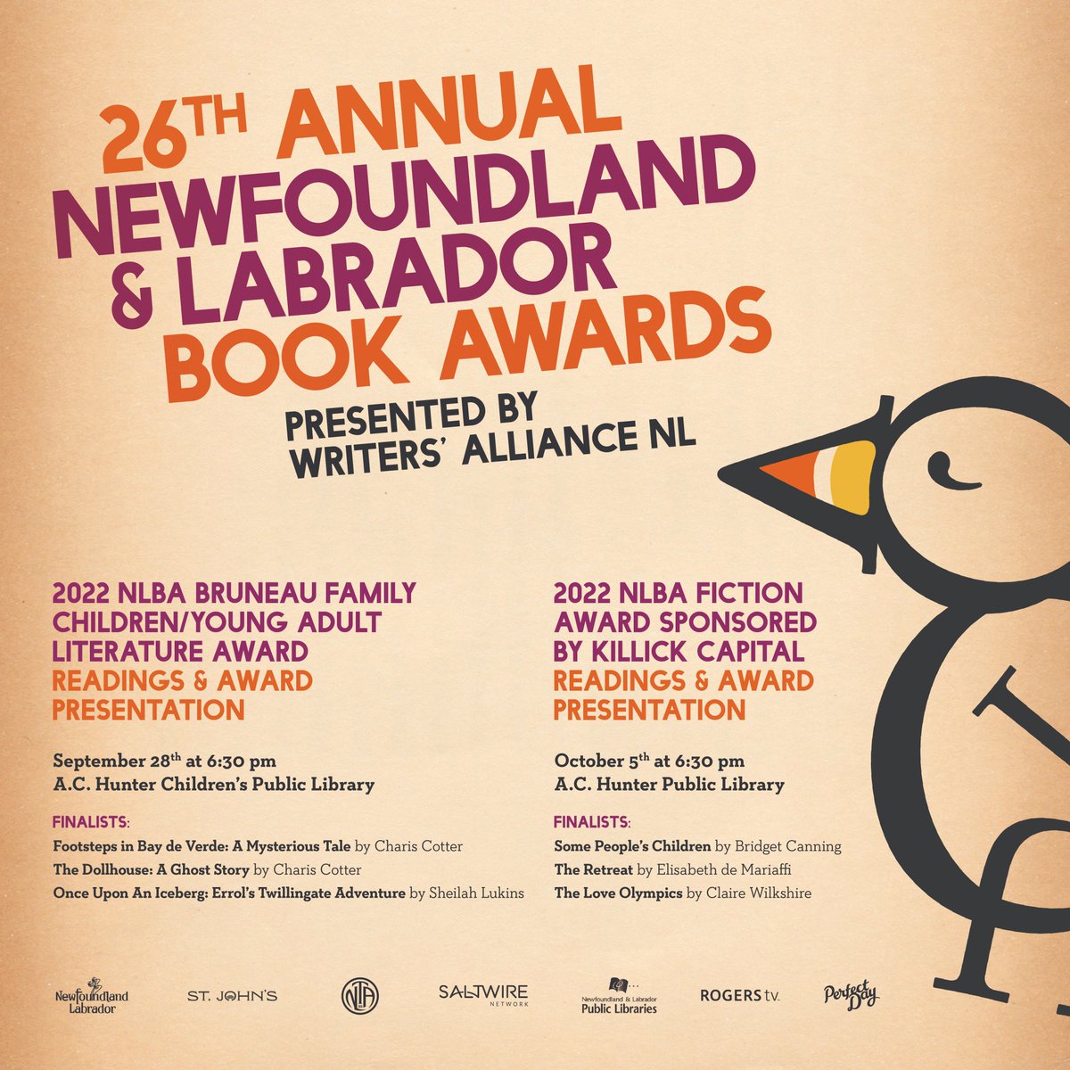 The Writers’ Alliance of Newfoundland and Labrador is SO excited to announce the shortlist for the 2022 Newfoundland and Labrador Book Awards! 🏆

For the full list of shortlisted authors and book titles + 2022 NLBA event details, visit: wanl.ca/literary-award…

Congrats to all!