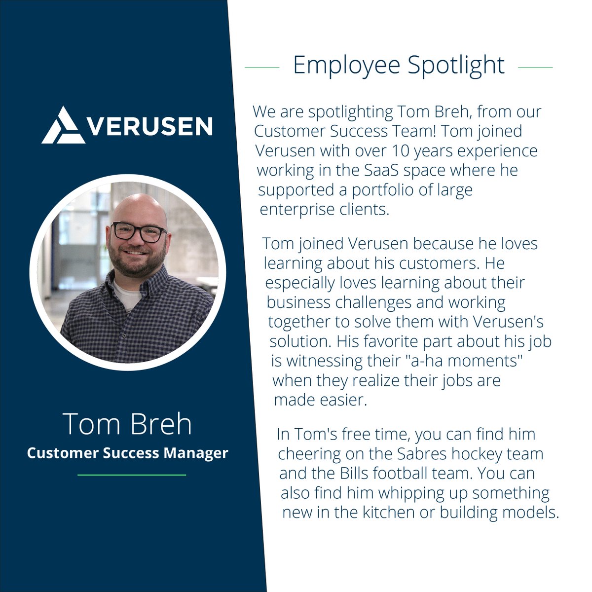 Verusen_AI's tweet photo. Today, we are spotlighting our Customer Success Manager, Tom Breh! We are lucky to have Tom's passion for solving customer challenges & love of sports.
Want to join our team of awesome people like Tom? Visit https://t.co/y5Ltj7J7Wk to see our open roles!
#MaterialTruth https://t.co/O2x7U88kcM