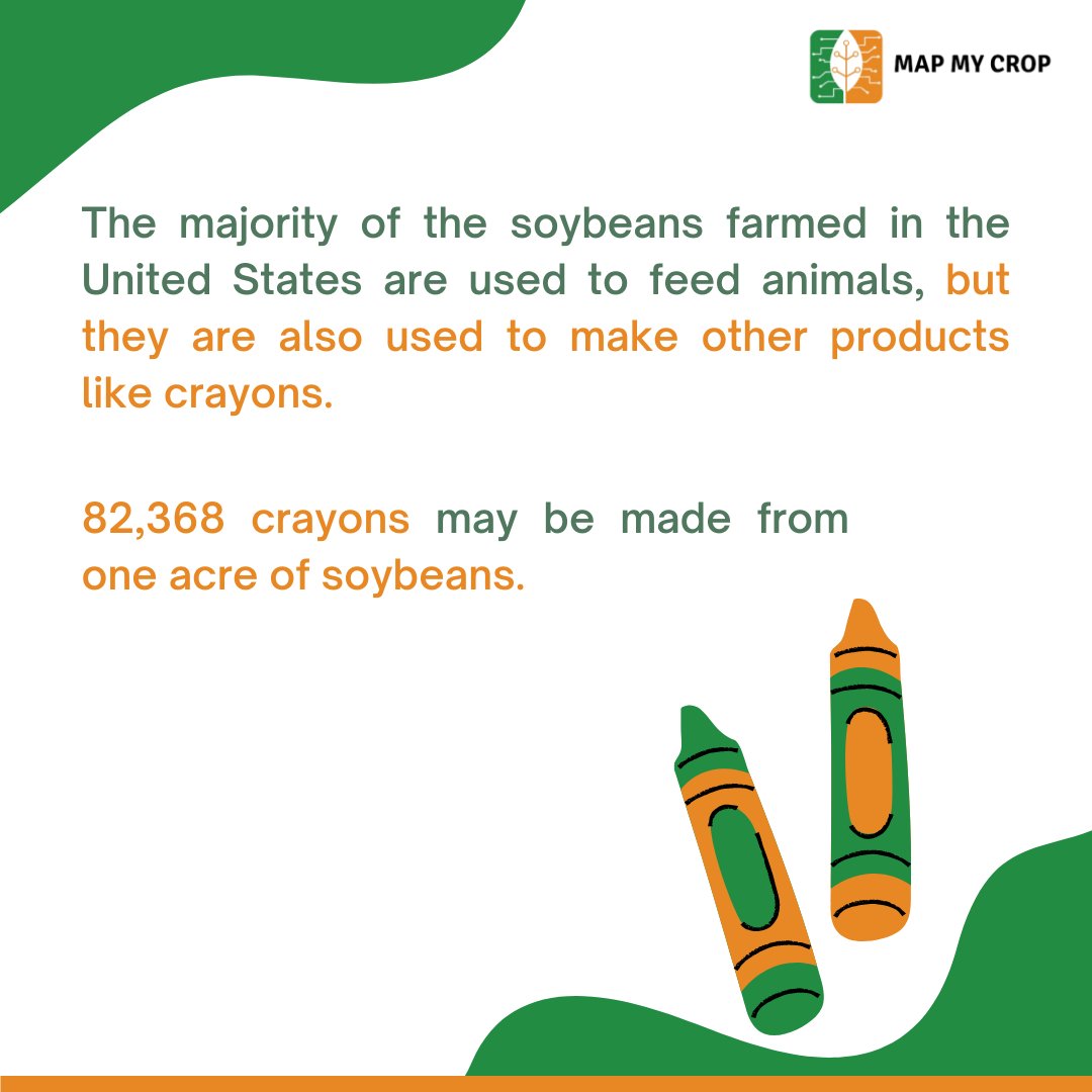 mapmycrop's tweet photo. Did you know?
The majority of the soybeans farmed in the United States are used to feed animals, but they are also used to make other products like crayons.
#agriculture #factfindingfriday #factfriday #friday #farmingfacts #facts #cropmonitoring #agriculturefacts #usafarming https://t.co/hFnjJeySnb