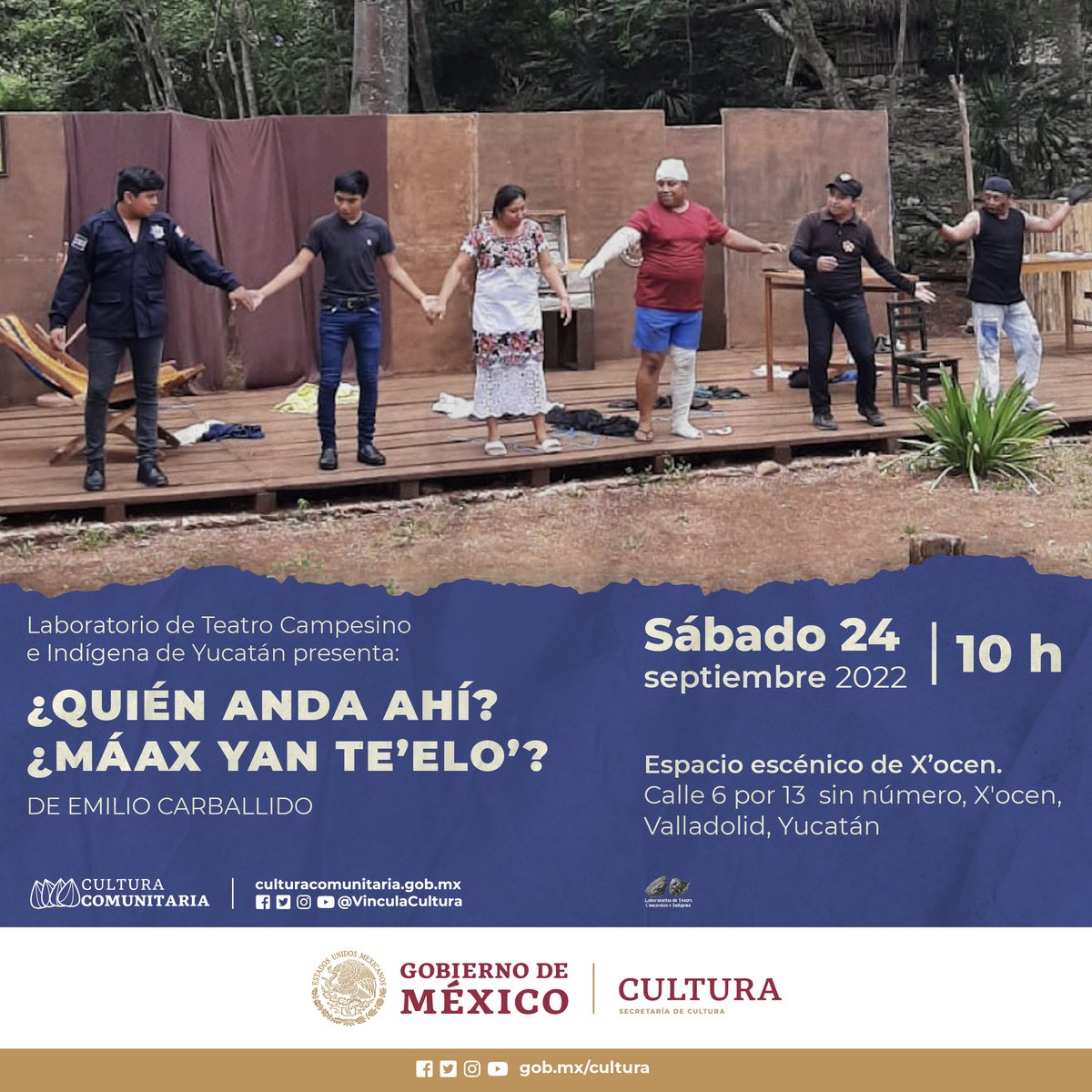 VinculaCultura's tweet photo. #CulturaComunitaria

Si vives en Valladolid, #Yucatán, te invitamos a la presentación de “¿Quién anda ahí?”, interpretada por actrices y actores del Laboratorio de Teatro Campesino e Indígena y creada por Emilio Carballido. 

📆 24 de septiembre
📍 Espacio escénico de X’ocen https://t.co/RsHWKfqYyp