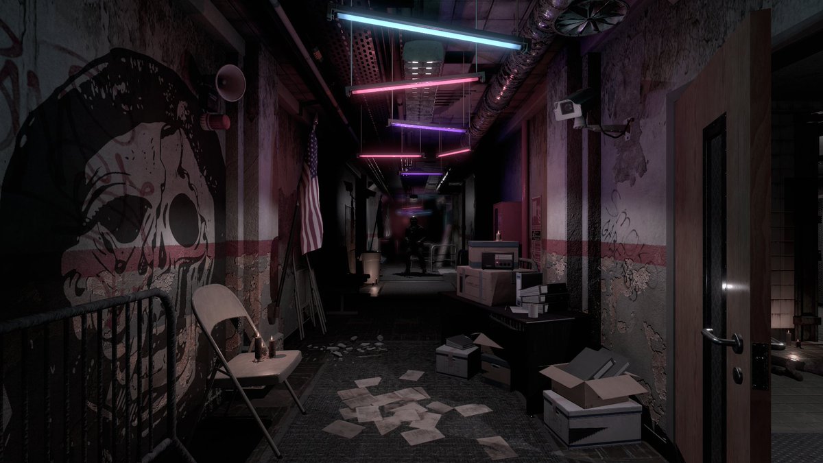 I've been working away on the level designs for Jawbreaker. I'm aiming for 'dystopian crime den' with flickering neon lights, blaring metal music, and constant reminders of its homicidal denizens ☠️ (and much more) #screenshotsaturday #indiegame #indiedev