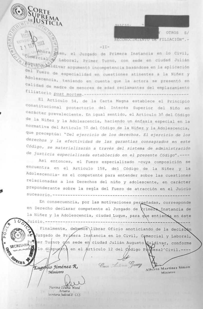 MercadoRotela_E's tweet photo. IMPORTANTE: Para abogados de los fueros Civil y Niñez y Adolescencia: La Sala Civil y Comercial de la CSJ considera que en una acción de filiación post mortem, el juzgado competente es el de la Niñez y Adolescencia y no el de la sucesión (A.I. No. 826 del 20/09/2022). https://t.co/cbC1kY7ufi