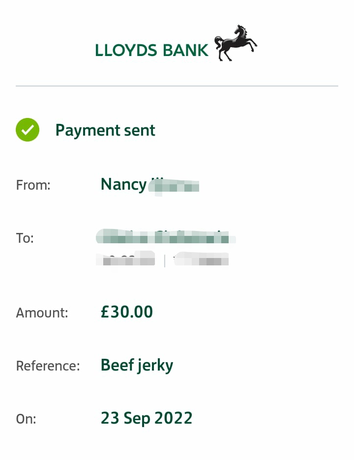 jerkyvore's tweet photo. Customer sent us a receipt of her payment for the order she placed, as she couldn't pay with #BTC.

We did the responsible thing and converted that revenue straight into sats 😎 https://t.co/PM2YnYNWZU
