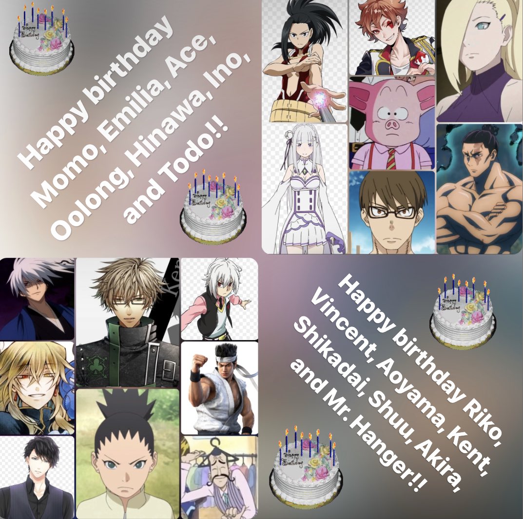 BlueWolfPuppy's tweet photo. Happy Birthday to all these lovely characters today 🎂🎂
#MyHeroAcademia #rezerostartinglifeinanotherworld #NarutoShippuden #nurariseoftheyokaiclan #pandorahearts #amnesiaworld #DragonBall #onepiece #VirtuaFighter #boruto #BeybladeBurst #FireForce #JujutsuKaisen https://t.co/b4k8pgc3Zm