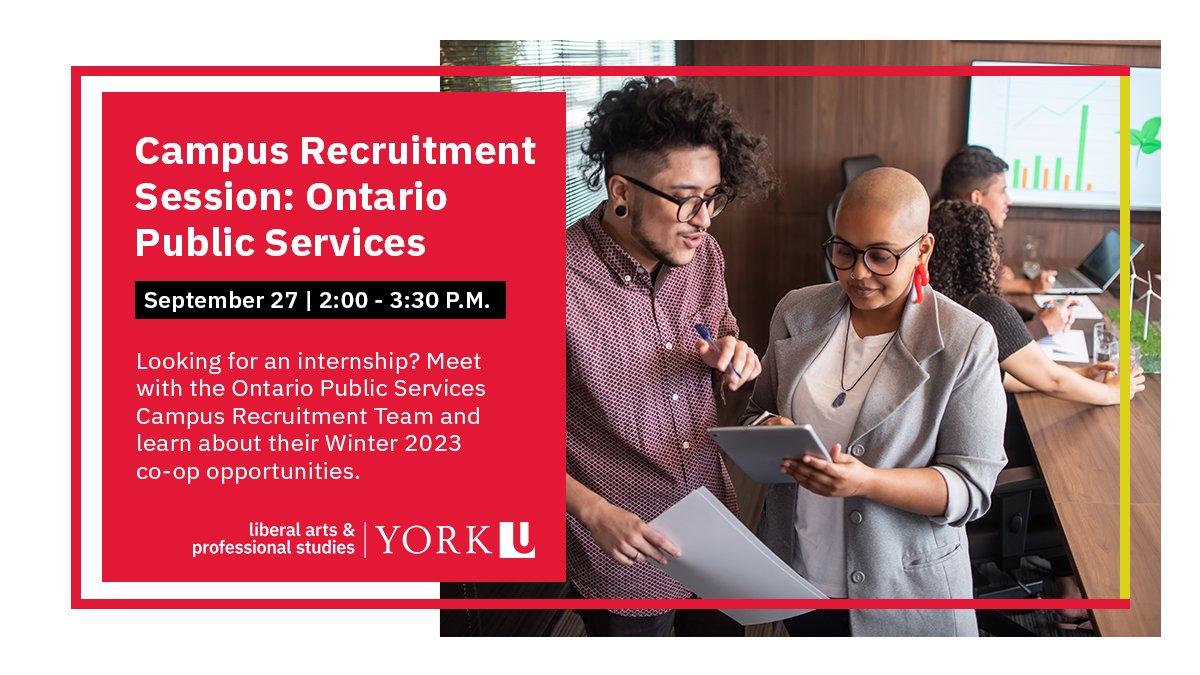 Faculty of Liberal Arts & Professional Studies (@yorkulaps) on Twitter photo Thinking about a career in government? You can't miss our next campus recruitment session! The Ontario Public Service team will join us on Sept. 27 to share about their 2023 internships.
Registration is open to all LA&PS & <a href="/LassondeSchool/">Lassonde School</a> students: bit.ly/3pyHLmw Thinking about a career in government? You can't miss our next campus recruitment session! The Ontario Public Service team will join us on Sept. 27 to share about their 2023 internships.
Registration is open to all LA&PS & <a href="/LassondeSchool/">Lassonde School</a> students: bit.ly/3pyHLmw