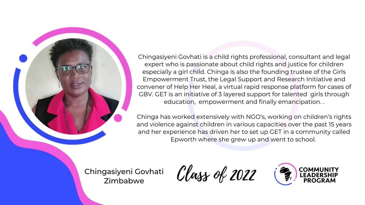 UsawaInstitute's tweet photo. The Community Leadership Program, aims at empowering more women in community building. Introducing Chingasiyeni Govhati, a child's rights professional from Zimbabwe.
.
#africa #USAWACLP #usawainstitute #communityleadership #communitybuilders #communityleaders https://t.co/jXd2VsRzTu