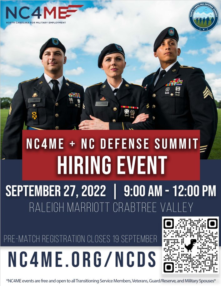 NCCommerce's tweet photo. .@ncworks and @NC4MilEmploy are holding a hiring event for veterans, transitioning service members, Guard/Reserves and military spouses. 
Walk-in registration is here: https://t.co/LQaR5tgYax
#NCDS22 #NC4ME https://t.co/XZsdzmrXU5