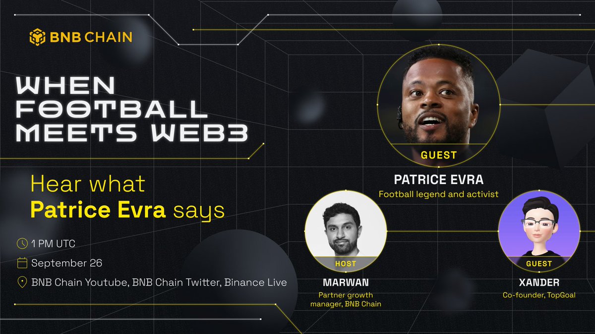 We're delighted to be hosting former football legend @Evra alongside @TopGoal_NFT ⚽️ We'll be discussing the huge opportunities that open up 'When Football Meets #Web3' Join us for what promises to be an engrossing occasion ⏰13:00 PM UTC 🗓️Sep. 26th 📍youtube.com/watch?v=AfT3B5…