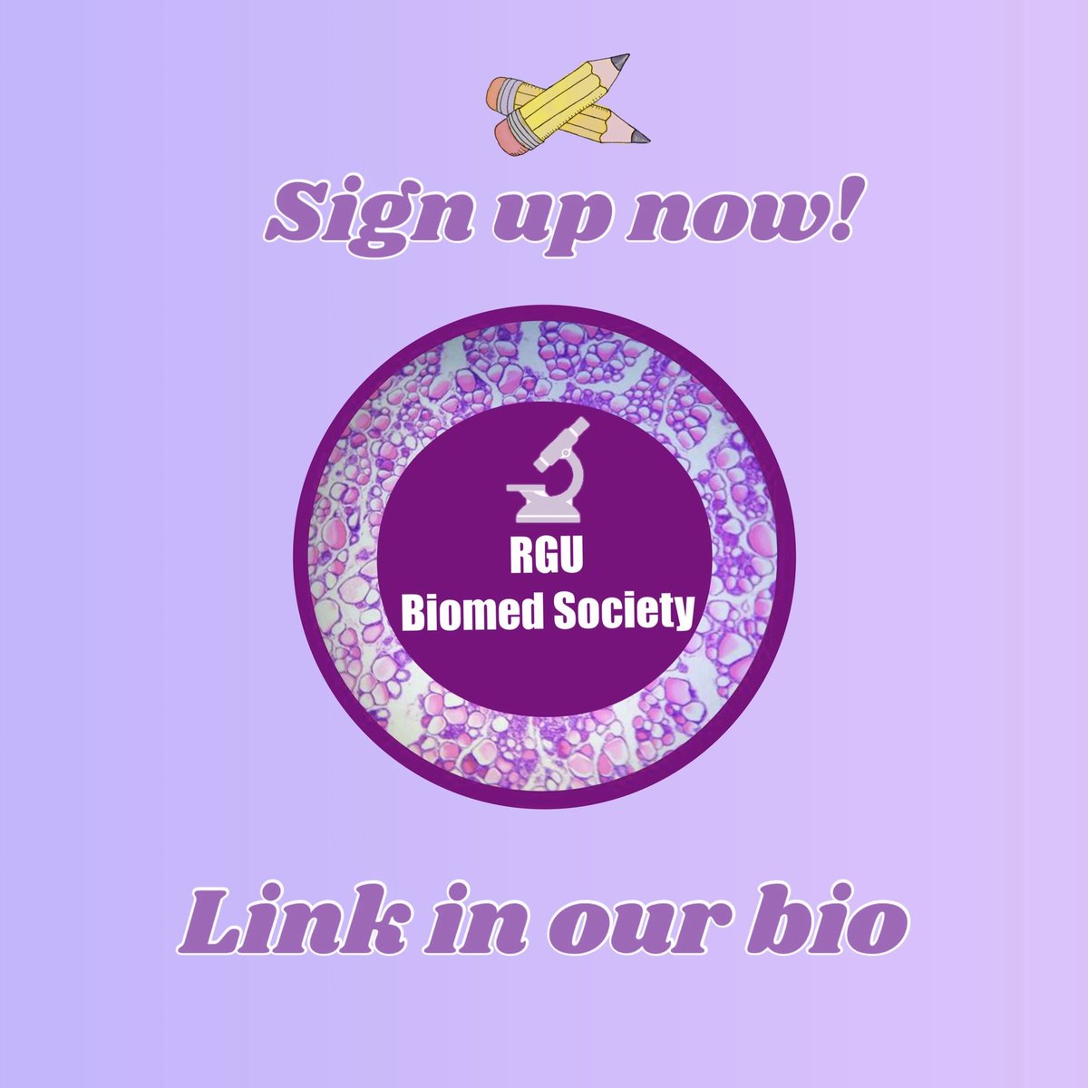 📋Join RGU Biomed today!📋

🎟We really enjoyed getting the chance to meet some of you at Freshers’ Fayre last week and would like to invite you to join our society🎟

📌Our sign-up page is on the student union website and can be found linked in our bio 📌