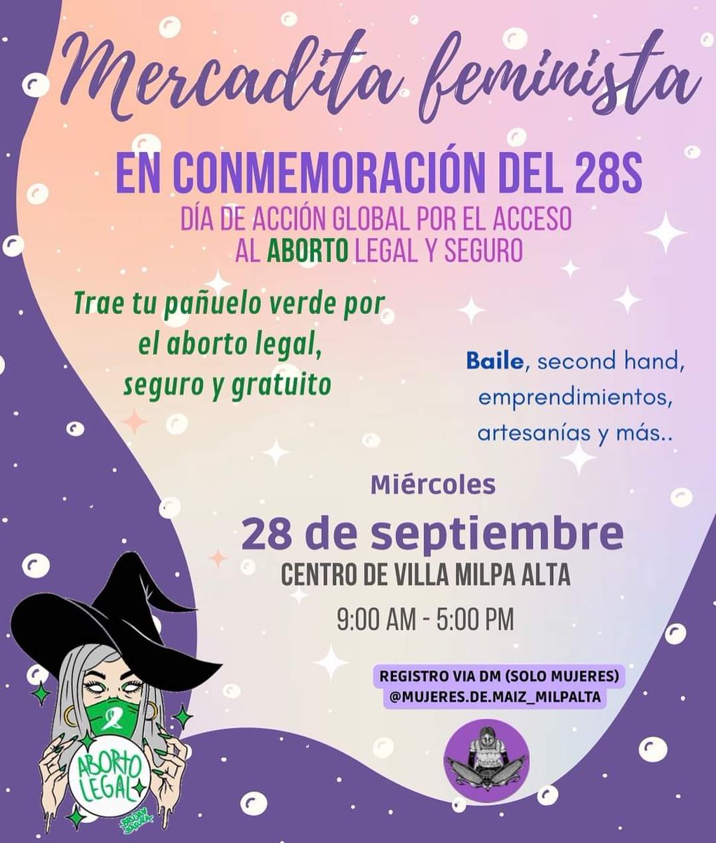 Nos preparamos para ir rumbo al 28S en Milpa Alta, habemus MERCADITA FEMINISTA, esperamos contar con ustedas lleven su distintivo verde, agua, luch, las infancias también son bienvenidas, en una alcaldía reservada hacemos presencia, hacemos ruido y que se incomode cualquiera!✨️
