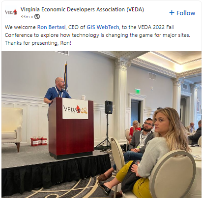 GIS_WebTech's tweet photo. GIS WebTech's CEO, Ron Bertasi enjoyed hosting How Technology is Changing the Game for Major Sites, a session at the VEDA Fall Conference today. #economicdevelopment #econdev #siteselection #locationintelligence #giswebtech ##opportunityzones #workforcedevelopment #esri https://t.co/zXepqeCjk1