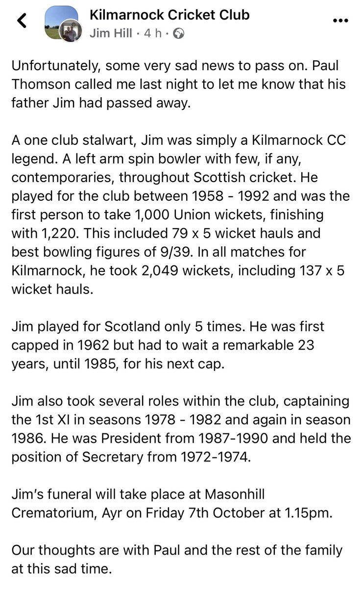 KCC1852's tweet photo. A sad day for Kilmarnock CC with the passing of club legend Jim Thomson. 

The label “legend” is thrown around too frequently these days but in this instance it doesn’t do the man justice.

Everyone associated with the club sends their condolences to the Thomson family.
💚💛💚💛 https://t.co/Hrtqr8LpWz