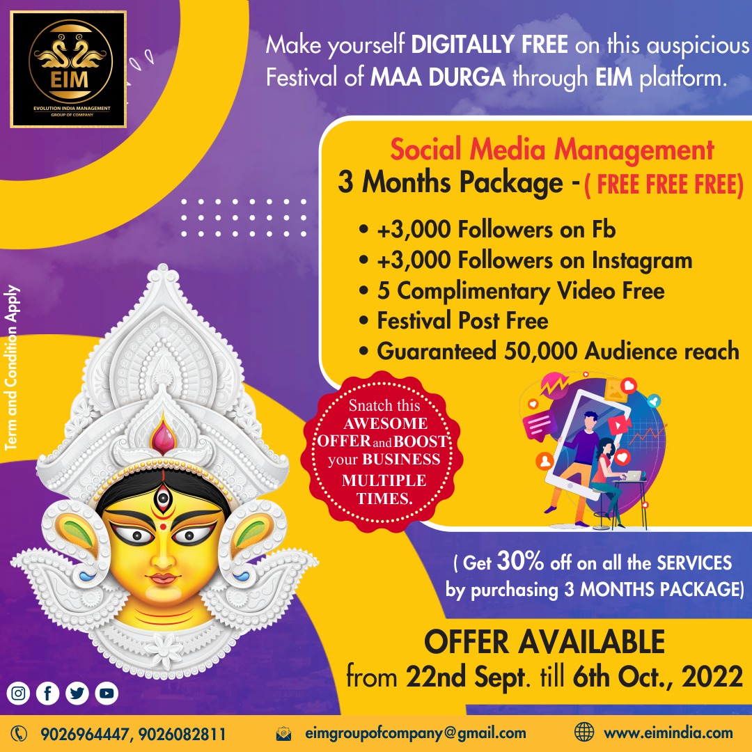 EIM_Groups's tweet photo. Hurry Up ! 
EIM is back with an exciting offer this Navratri for growing your company digitally.

Grab 30% off on all services of EIM + social media marketing services absolutely free 

#evolutionindiamanagement #navratrioffer #navratrioffer2022 #businessnavratrioffers #offerbes https://t.co/c7EKGKvFgM