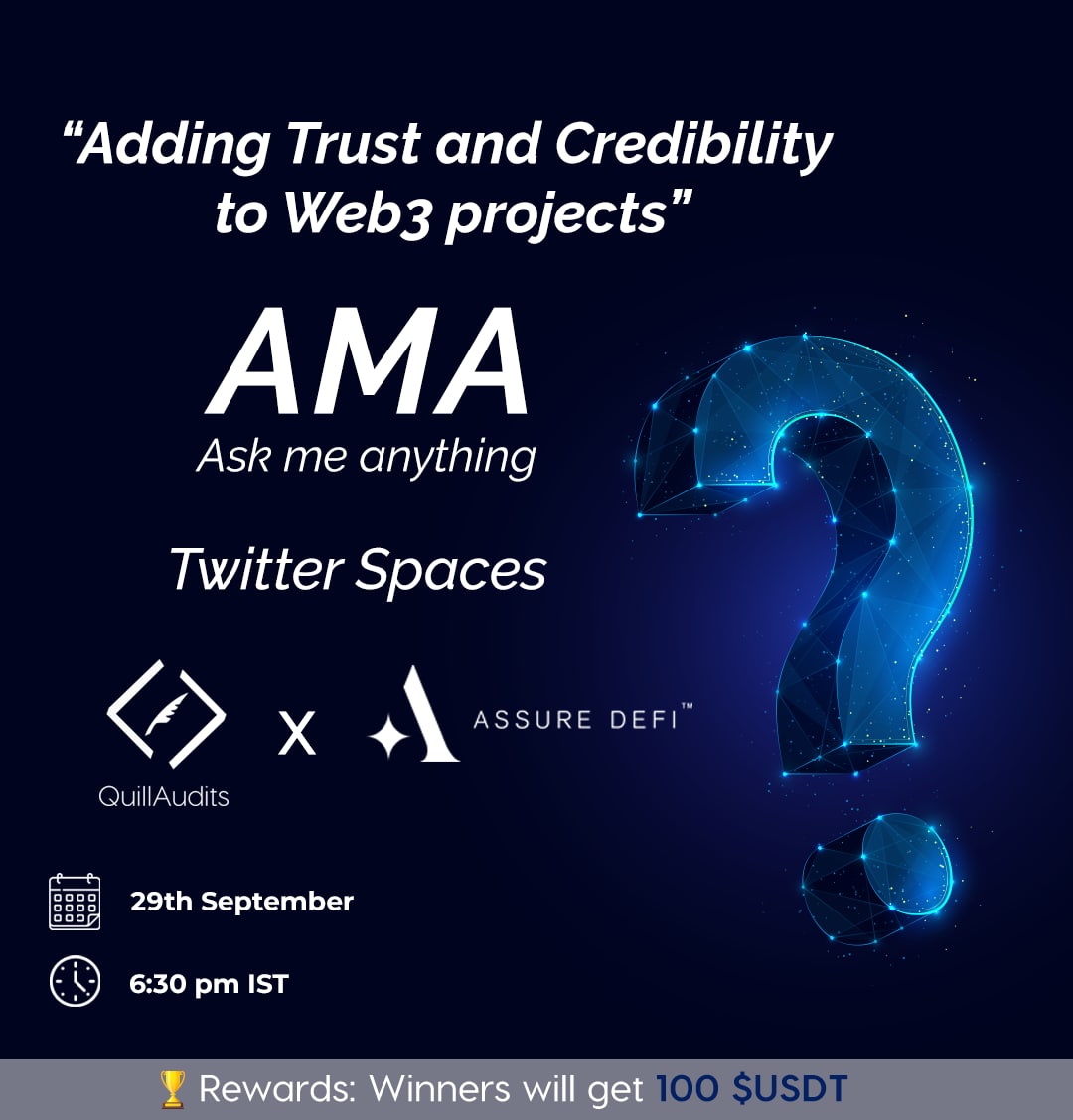 QuillAudits | Web3 Security 🥷 (@quillaudits_ai) on Twitter photo 📢📢📢
LIVE #AMA with <a href="/AssureDefi/">Assure DeFi</a>
🎁Rewards: 100 $USDT
📅 29th Sept at 6:30 pm IST
Claim Rewards:
1️⃣ Follow <a href="/QuillAudits/">QuillAudits</a> & <a href="/AssureDefi/">Assure DeFi</a>
2️⃣ Like + RT the Pinned Tweet (MUST)☝️
3️⃣ Join the space👇
📍x.com/i/spaces/1RDxl… 📢📢📢
LIVE #AMA with <a href="/AssureDefi/">Assure DeFi</a>
🎁Rewards: 100 $USDT
📅 29th Sept at 6:30 pm IST
Claim Rewards:
1️⃣ Follow <a href="/QuillAudits/">QuillAudits</a> & <a href="/AssureDefi/">Assure DeFi</a>
2️⃣ Like + RT the Pinned Tweet (MUST)☝️
3️⃣ Join the space👇
📍x.com/i/spaces/1RDxl…