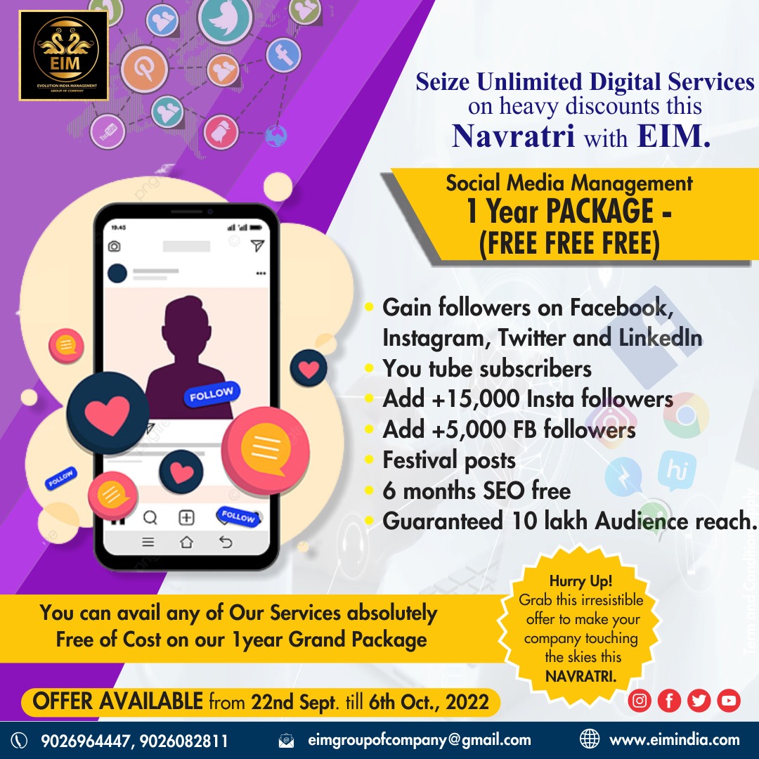 EIM_Groups's tweet photo. Unbelievable Navratri offer to grow in digital market. It's the right time to choose the right path with EIM 

EIM is offering 1service free of cost + social Media marketing service absolutely free free free at their 1 year package. Grab this irresistible offer Now. https://t.co/9zG3SWbMnc