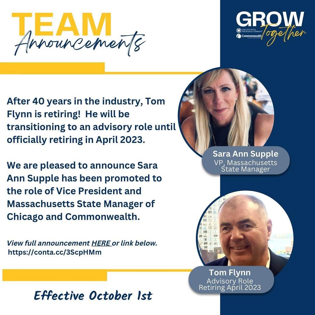 TitleInsMA's tweet photo. Team announcement!  Tom Flynn is retiring and Sara Ann Supple named new State Manager! See full announcement here: https://t.co/aSKUYXhe9l #GrowTogether #chicagoandCommonwealth https://t.co/UC7pY5KHSc
