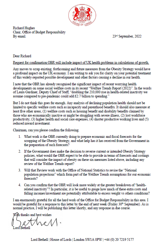 Lord Bethell (@jimbethell) on Twitter photo You can’t grow the economy without a healthy population.
Therefore disappointing no health in @KwasiKwarteng Growth Plan. Commitment to Obesity Strategy?
That's why I've written to <a href="/OBR_UK/">Office for Budget Responsibility</a> to confirm they'll include impact of UK health challenges in their economic calculations. You can’t grow the economy without a healthy population.
Therefore disappointing no health in @KwasiKwarteng Growth Plan. Commitment to Obesity Strategy?
That's why I've written to <a href="/OBR_UK/">Office for Budget Responsibility</a> to confirm they'll include impact of UK health challenges in their economic calculations.