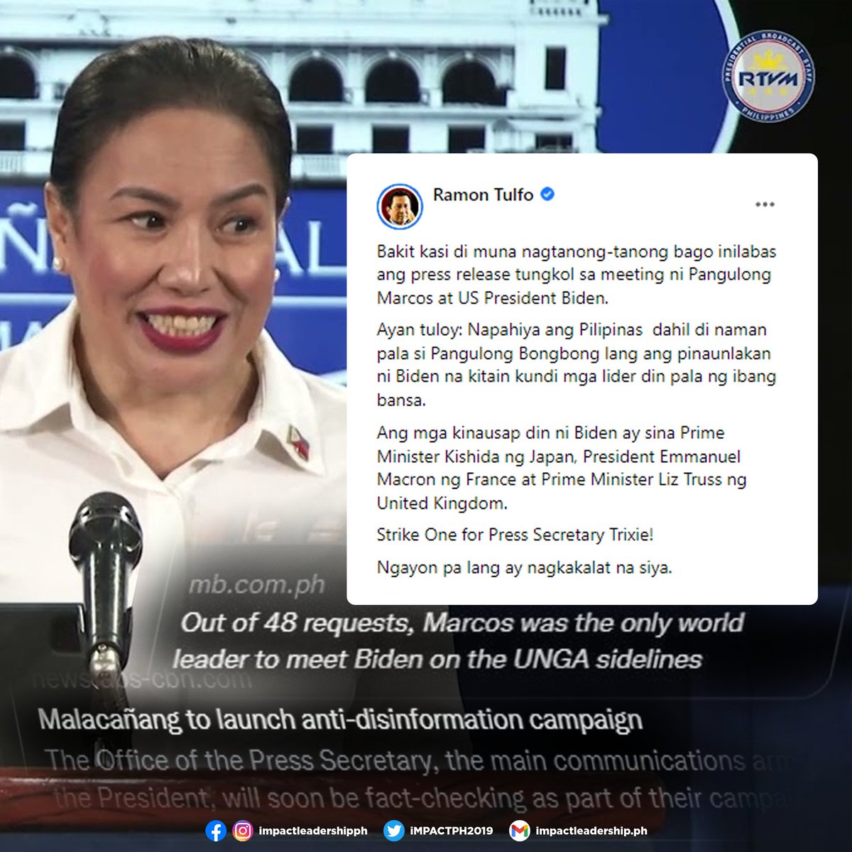 'STRIKE ONE FOR PRESS SECRETARY TRIXIE!'

Columnist Ramon Tulfo expresses dismay over the fake news released by Press Sec. Trixie Cruz-Angeles, who earlier said that only Ferdinand Marcos, Jr. was able to meet US President Joe Biden at the sidelines of the #UNGA