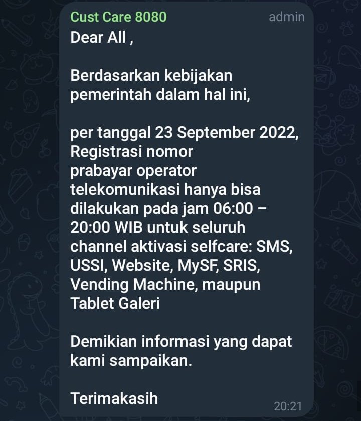 info terkini...
jd buat klean semua yg beli perdana all operator diatas jam 20.00 ga bisa registrasi yaaa...bisa registrasi lg di jam 06.00-20.00
sekian🙏🏻