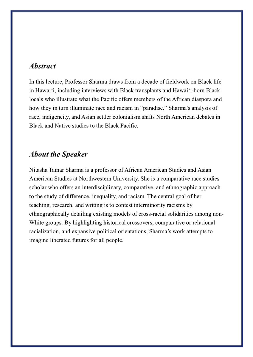 cunygcsociology's tweet image. 🔥Next Friday 9/30 Join our in-person Immigration Seminar in Sociology Lounge 6112 -- Professor Nitasha Tamar Sharma will give a talk on "The Black Pacific: Militarism, Race, and the Native/Settler Divide in the Hawaiian Islands" @GC_Migration @GC_CUNY