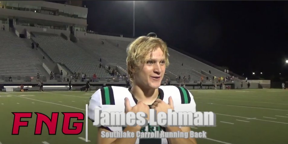 VIDEO Southlake Carroll Running Back James Lehman talks about his 3 first half touchdowns &amp; the Dragon's 62-0 win over Haltom  rumble.com/v1l8oi3-southl… #txhsfb #FNGsports