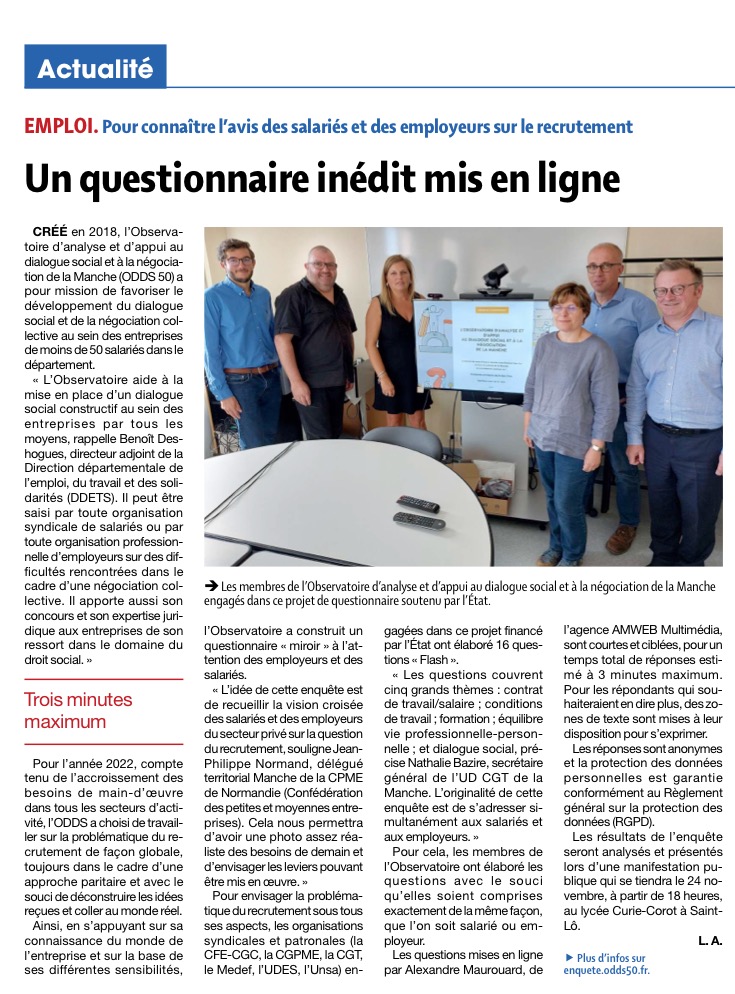AMFormation50's tweet image. 🟠 ACTUALITE 🟠 

🙏  Un grand merci à la Presse de la Manche pour ce bel article sur l’enquête commandée par la DDETS de la Manche et réalisée par AM Web &amp;amp; Multimédia.

 Si vous souhaitez participer à l’enquête c’est juste ici 👉  enquete.odds50.fr