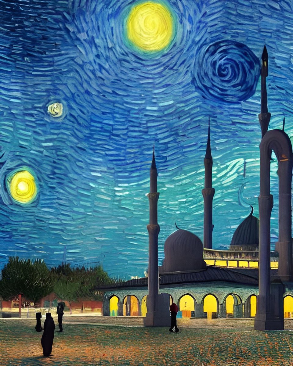 Ameer's tweet photo. Jummah Mubarak! 

Here are Van Gogh inspired Islamic art I was able to create through artificial intelligence. https://t.co/2IxE8h1tpK