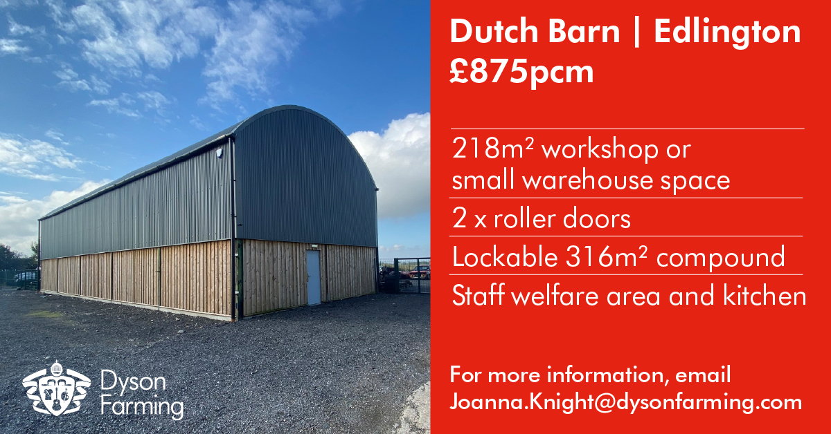 Dutch Barn, Edlington is ideal as a workshop or small warehouse space. Featuring 2 roller doors, lockable compound, staff welfare area and kitchen.

Available from October 2022.

Please contact Joanna.Knight@dysonfarming.com

#horncastle #commercialproperty #lincolnshire