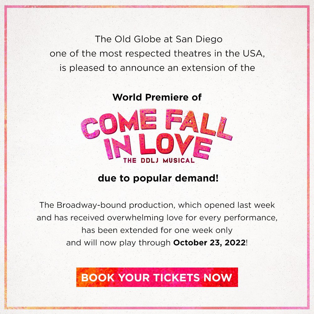 yrf's tweet photo. Thank you for falling in love with
#ComeFallInLove !! Our Broadway-bound musical has been extended for a week at the #OldGlobe and will now play through October 23, 2022.
Book tickets at https://t.co/fb7cFn6Tai https://t.co/cK6ip3pX8V