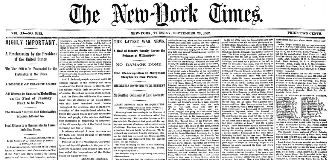 The front page #OTD in 1862. President Lincoln issues the Emancipation Proclamation. #nytimes #EmancipationProclamation