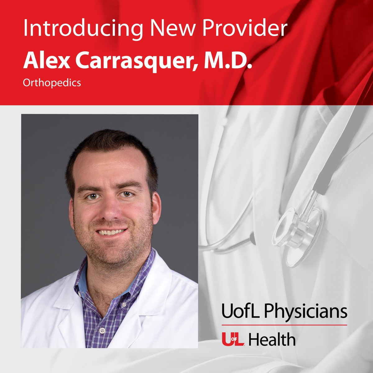 Welcome to the team! Dr. Alex Carrasquer is joining our network of providers. He's excited to serve the community as part of the UofL Physicians - Orthopedics team at Mary &amp; Elizabeth Hospital. #PowerofU