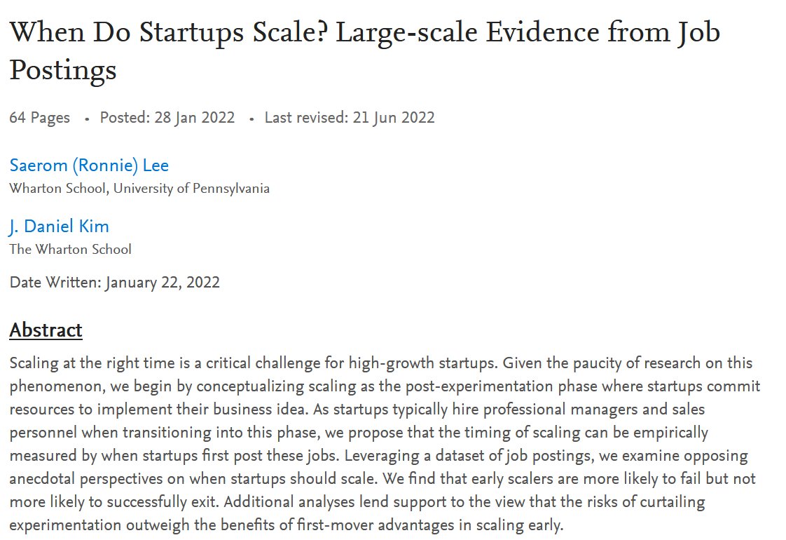 👀  Fast scaling has massive downsides: startups that scale more quickly fail more, but are no more likely to succeed than those that scale slower.

Why? Because scaling marks the end of experimenting. Startups that scale after lots of experiments succeed. papers.ssrn.com/sol3/papers.cf…