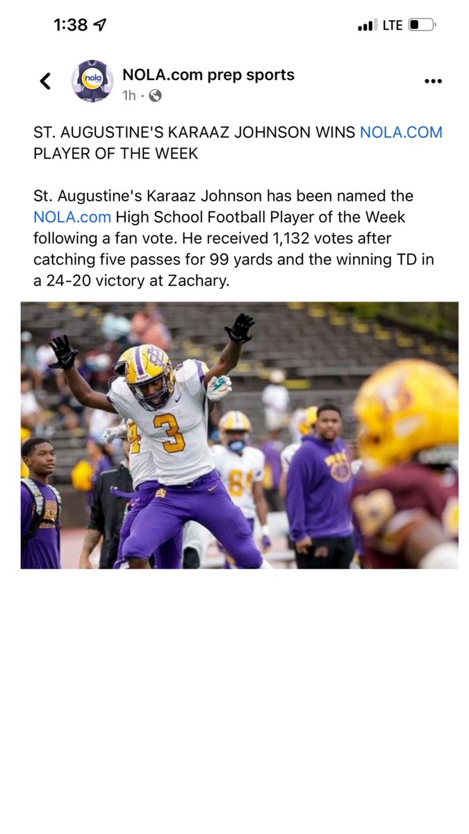 AkeiaEncalade's tweet photo. Karaaz won https://t.co/XbFutYc4tl  player of the week 🗣toot toot #studentathlete #4.5gpa #ACT26  @CoachYACJohnson  @KaraazJ @StAugnola @st_aug_football https://t.co/cXLUzBgF45