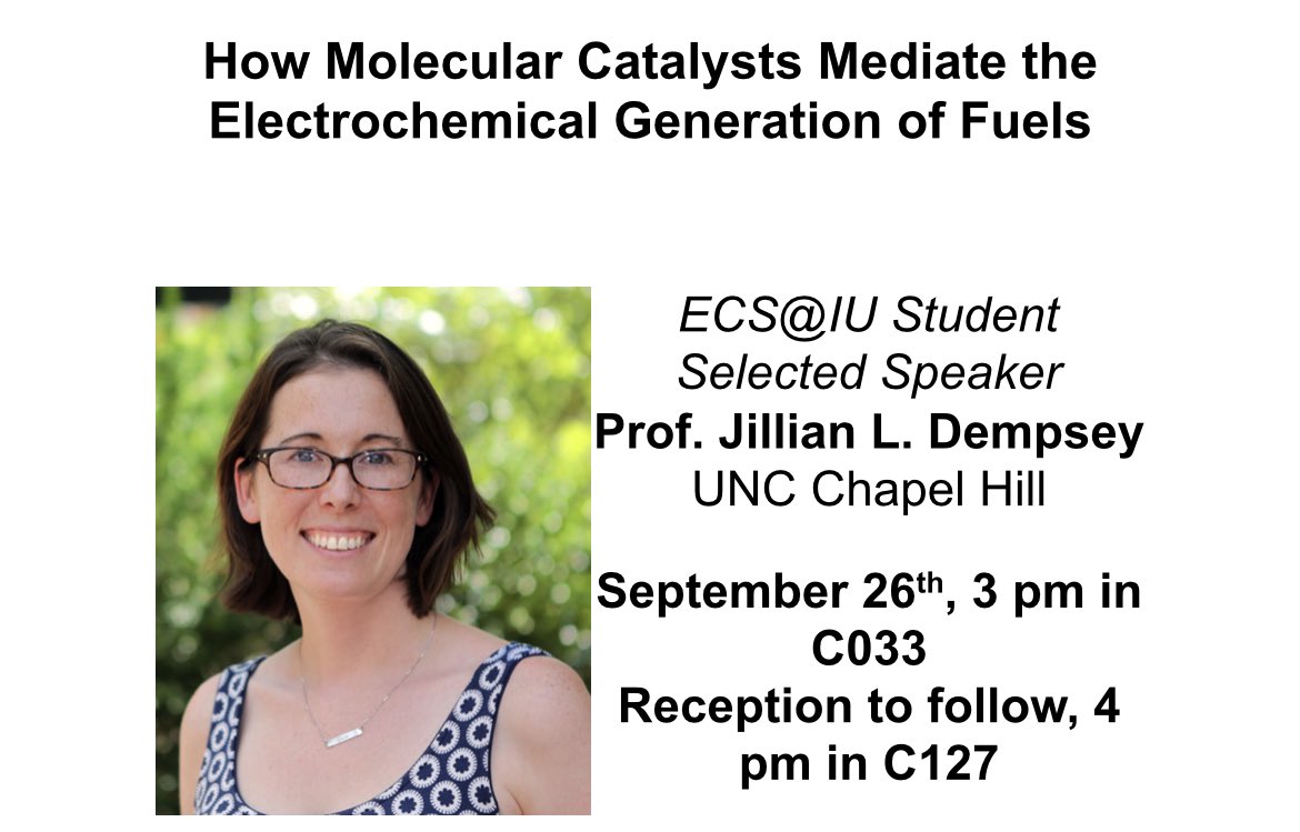 ECSatIU's tweet photo. Very excited to have @jillianldempsey give a talk this coming Monday! Her work has helped in making the fundamentals of electrochemistry accessible to all. https://t.co/vBjLsbYleb