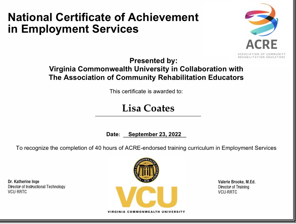 Officially an #ACRE approved Community Rehabilitation Educator. #supportedemployment #employmentservices #disabilityawareness #vcu