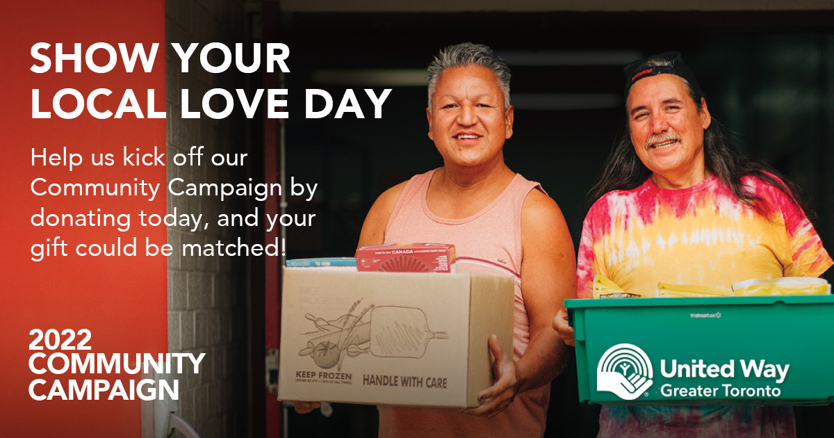 Today is Show Your #LocalLove Day!💕

Thousands of people across the GTA are coming together to address poverty, homelessness, food insecurity and other pressing issues across Peel, Toronto and York Region! 

Help us kick off our 2022 Community Campaign at unitedwaygt.org/locallove