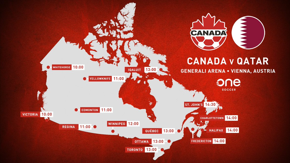 CanadaSoccerEN's tweet photo. Canada it's time to get used to @FIFAWorldCup times! ⏰

Where are you watching from today #CanadaRED? ⬇️

#WeCAN https://t.co/UR98nXnt6V