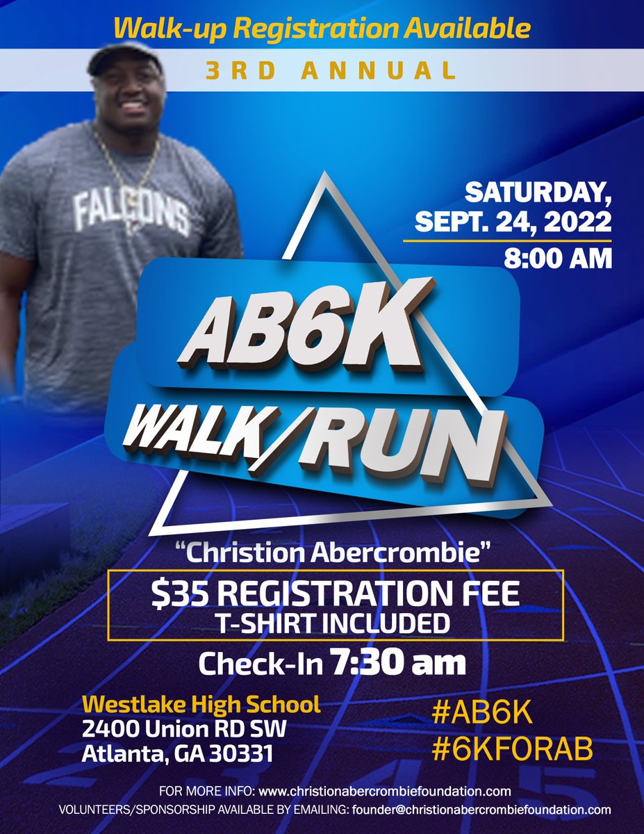 smabercrombie's tweet photo. Tomorrow is the BIG day! It has been nearly 4 years since @SafemodeAB played 🏈 in jersey #6. To honor God for his miracle and to celebrate our gratefulness, we will participate in our annual 6K. Join us! Walk-up registration available. #AB6K #6KFORAB https://t.co/sLhY3vqcLu