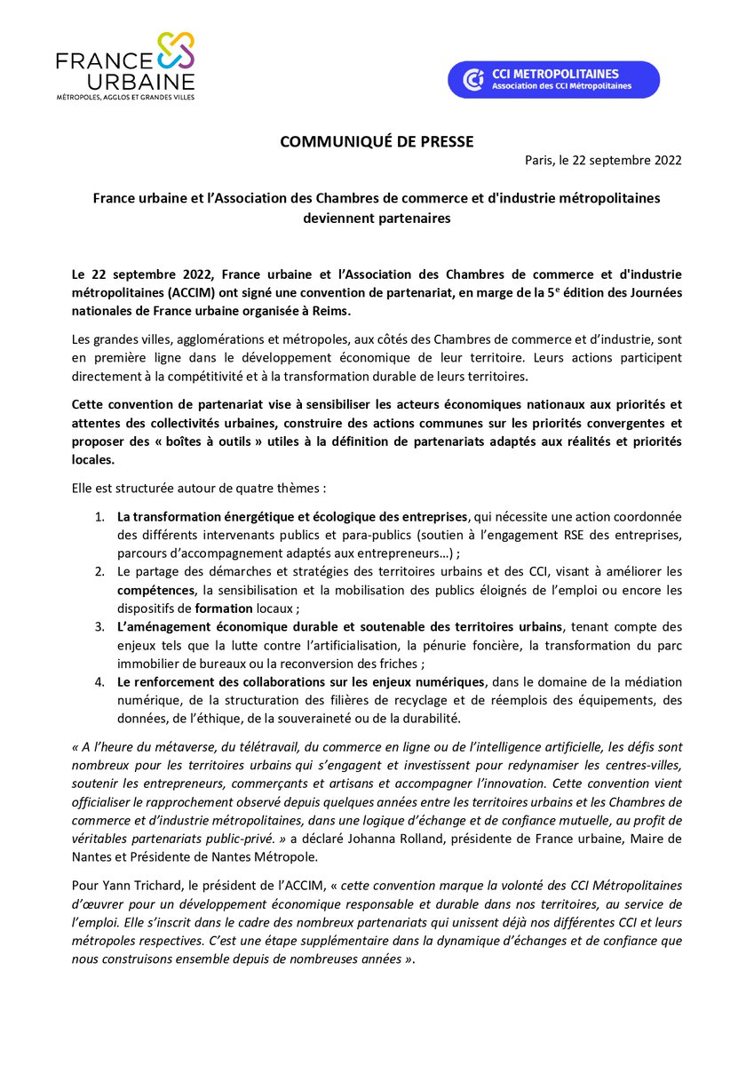 [#Presse] Signature d'une convention de #partenariat entre <a href="/AssoCCiM/">CCI Métropolitaines</a>  et <a href="/France_urbaine/">France urbaine</a> 🤝
Enjeux :
✅Transformation énergétique
✅Compétences/formation
✅Aménagement durable
✅Numérique 

Communiqué 👉bit.ly/3feZKxf