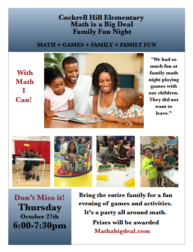 CockrellHillLMA's tweet photo. We are so excited to bring our very FIRST Student and Family Engagement Night! Come out and bring the entire family for a fun evening of games and activities. We will be giving out prizes!!
#mathisabigdeal https://t.co/V9AJNbbMwf
