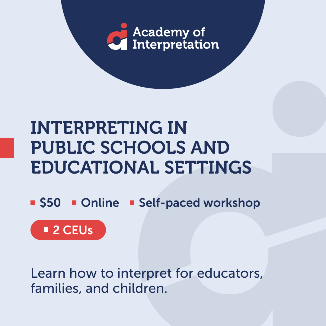 With our Interpreting in Educational Settings (24hr) Course launching soon, we invite you to take our online, self-paced 2-hour workshop on how to navigate interpreting in the public schools and educational settings. Enroll now!

#aoi #onlinelearning #interpreting #education