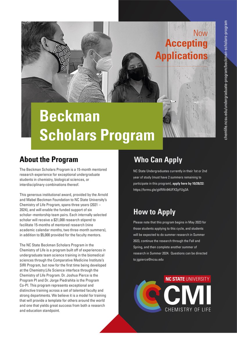 NCStateCLP's tweet photo. @NCState undergrads - check out our @BeckmanFnd Beckman Scholars Program!  Open to 1st and 2nd year students, it provides a 15-month mentored research experience at the chemistry-biology interface.  @NCStateCMI @NCStateEngr @NCStateSciences @NCStateChem @NCStateCALS https://t.co/4JqitXtnVf