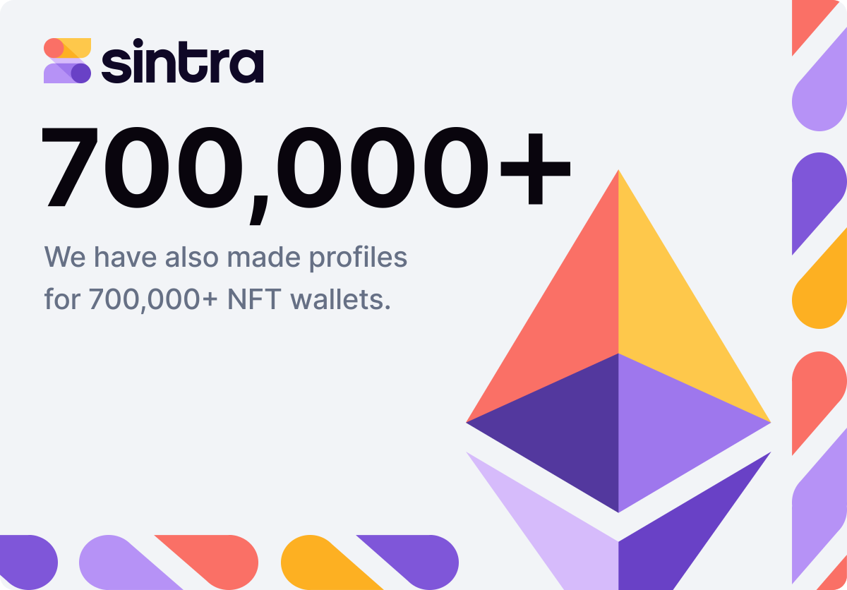 sintraHQ's tweet photo. We have created profiles for 700,000+ NFT wallets. 

That's right, 700,000!

You can see what NFTs they are holding, get updates as they make sales or purchases, and follow them right on Sintra.

#SintraTip #NFTs #NFTinvesting #NFTwallet https://t.co/Z96nkMSaYL