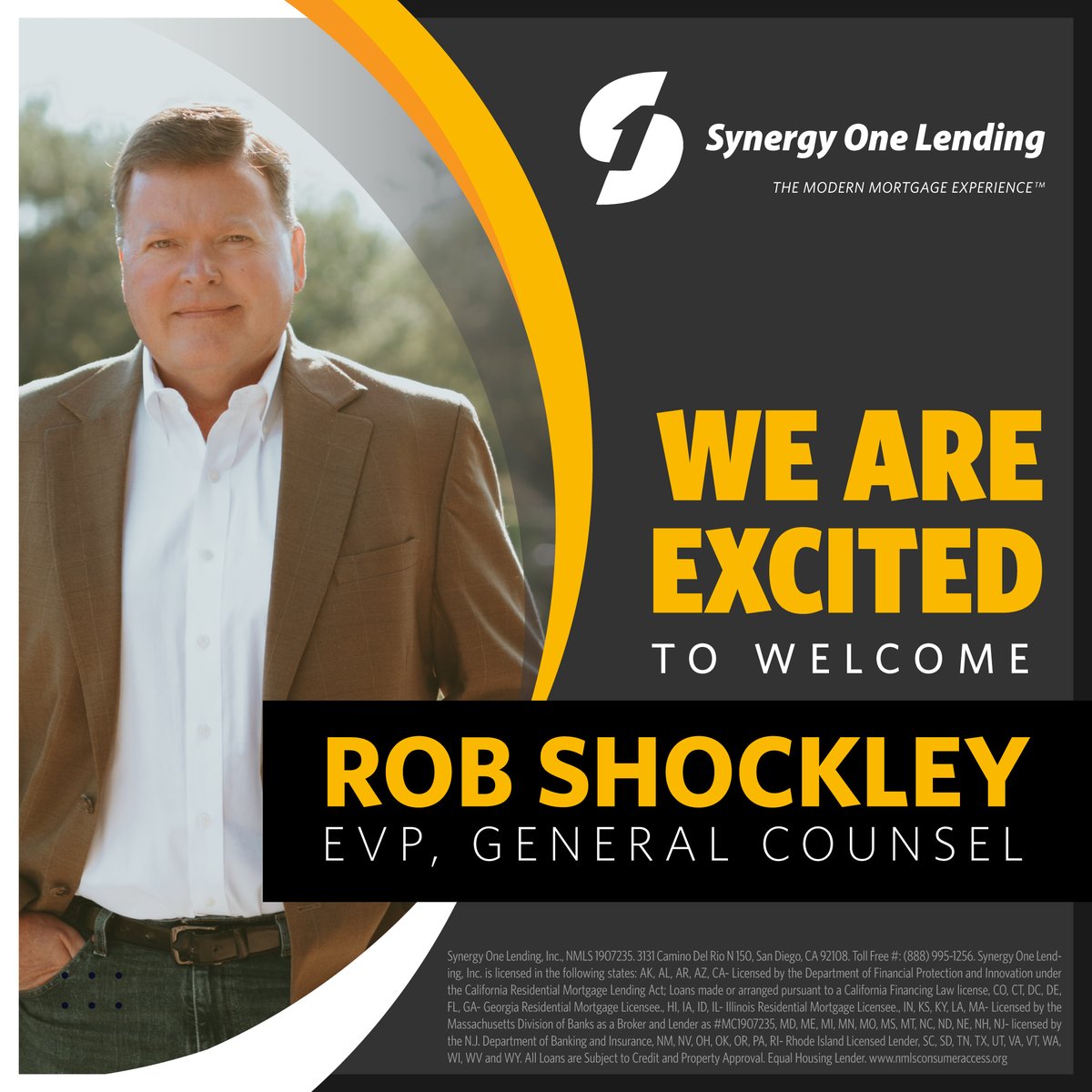 synergy1lending's tweet photo. We are thrilled to announce the hiring of top mortgage executive, Rob Shockley as the Executive Vice President, General Counsel!
 
Rob’s 30 + year career has been notable as both a successful practicing attorney and in multiple leadership positions in the mortgage industry. https://t.co/W2bgJgB3qZ