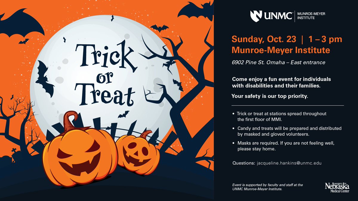 unmc_mmi's tweet photo. #TrickOrTreat Inside the Munroe-Meyer Institute on Sunday Oct. 23 from 1-3 pm at 6902 Pine St! Individuals with disabilities and their families are invited to join this #Halloween2022 event.
Learn more https://t.co/9gobC9l72C #unmcMMI #MMIevent #MMIoutreach #HappyHalloween https://t.co/JuUJx6rqBJ