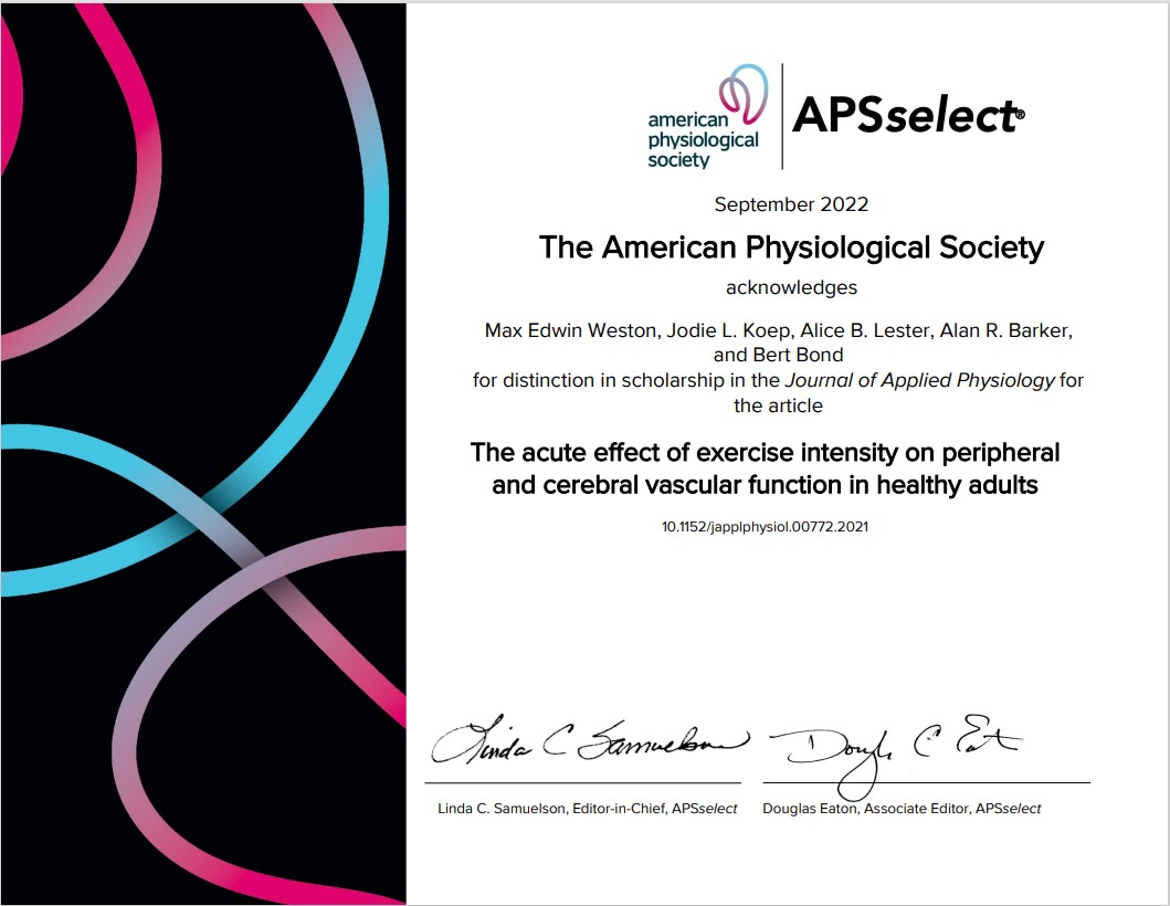 Journal of Applied Physiology (@japplphysiol) on Twitter photo 🥇Congratulations to Dr. Bert Bond and colleagues for their #APSselect article “The acute effect of exercise intensity on peripheral and cerebral vascular function in healthy adults” 👏
ow.ly/Xh0H50KQumm
<a href="/maxeweston/">Max Weston, PhD</a> <a href="/jodiekoep/">Jodie Koep</a> 🥇Congratulations to Dr. Bert Bond and colleagues for their #APSselect article “The acute effect of exercise intensity on peripheral and cerebral vascular function in healthy adults” 👏
ow.ly/Xh0H50KQumm
<a href="/maxeweston/">Max Weston, PhD</a> <a href="/jodiekoep/">Jodie Koep</a>