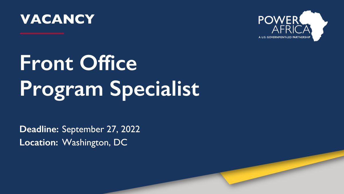 PowerAfricaUS's tweet photo. 📢 VACANCY: We're hiring!
We're looking for a #ProgramSpecialist to join our Front Office in #Washington, DC. Details on duties & requirements 👇
❗️ APPLY: https://t.co/Wu7kPtkP0q
💡 About Power Africa: https://t.co/QvMdttynfA
#EnergyCareer #WashingtonDCJobs https://t.co/LIcLvqQSKk